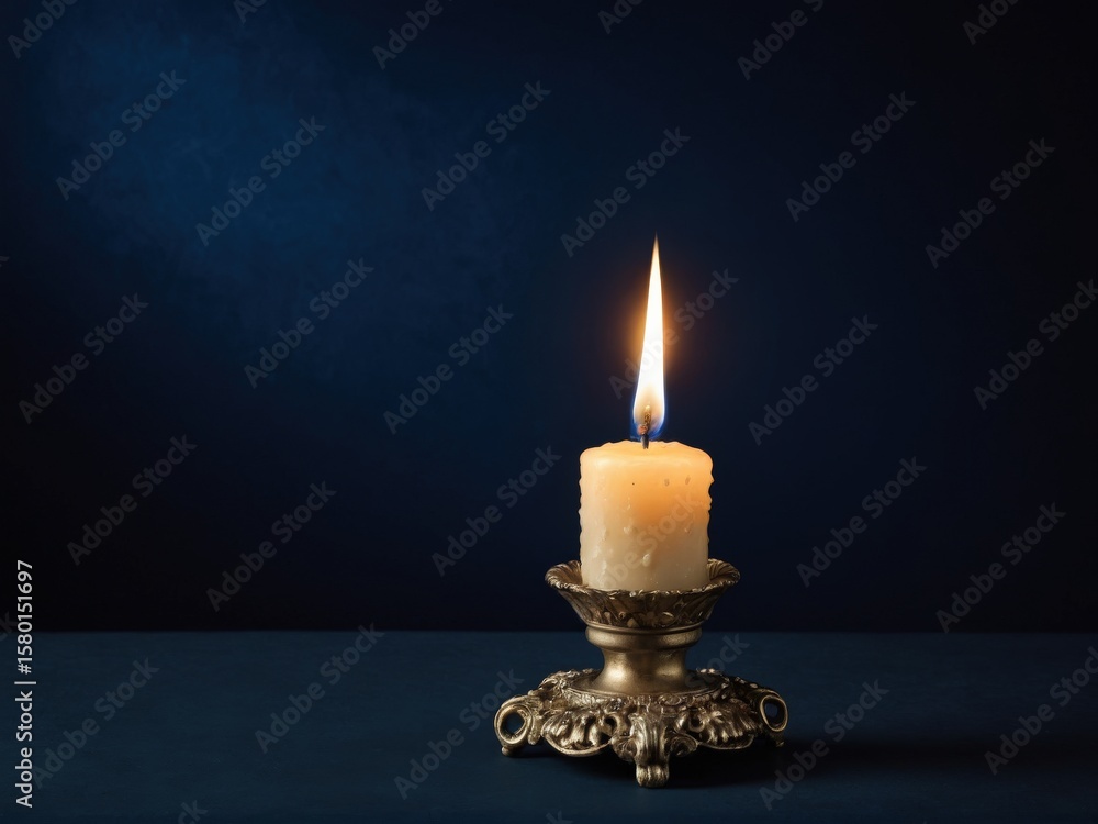 Fototapeta premium A solitary candle flickers in baroque elegance against a midnight blue backdrop