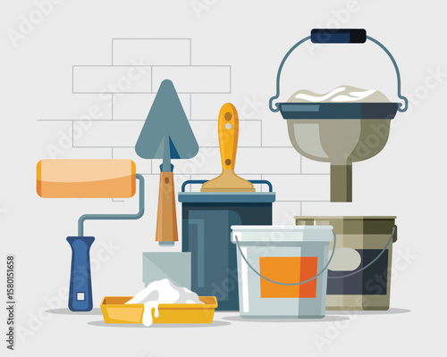 Collection of painting and renovation tools including buckets brushes and rollers