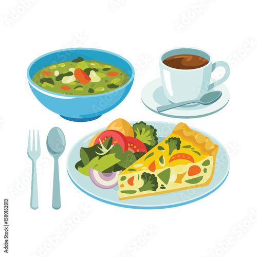 Healthy lunch with quiche soup salad and coffee