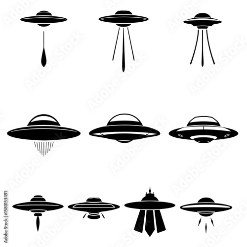 Collection of diverse black and white flying saucer illustrations, some emitting light beams, representing alien spacecraft and extraterrestrial technology.
