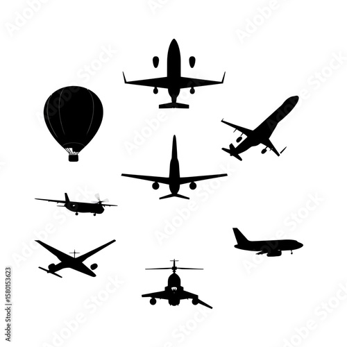 A collection of various airplane silhouettes, including a hot air balloon, showcasing diverse aircraft designs against a clean white backdrop, suitable for aviation themes.