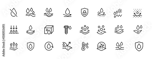 Hydrophobic Weatherproof Icon Set: Water Resistant, Moisture Shield, Anti-Wetting Fabric, Rain Drops, Climate Guard, Durable Coating, Corrosion Repellent Vector Illustration, membrane,