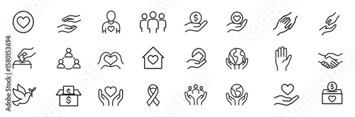 Charity donation icon collection, editable stroke vector of volunteer help, assistance, solidarity, sharing, humanitarian rescue and more, community support symbols, philanthropic network