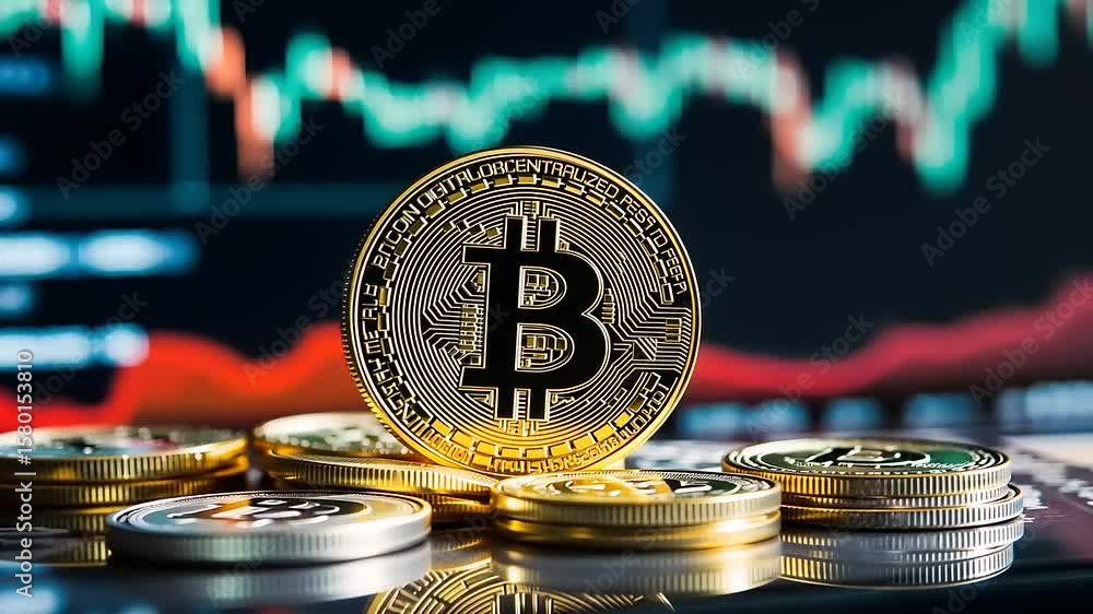 Close-up of Bitcoin coins stacked on a table with a fluctuating cryptocurrency market graph in the background