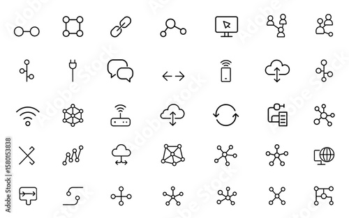 Editable Stroke Connection Line Icon Set for Network, Collaboration & Integration: Connectivity, Communication, Cable, Interaction, Link, Global Cyberspace, Pictograms, digital ecosystem