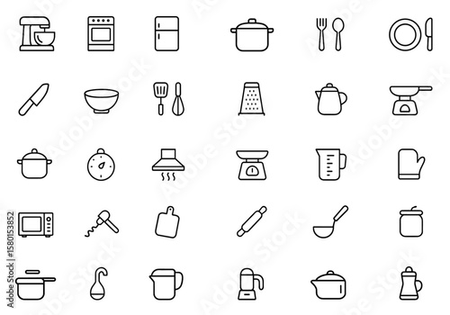 Kitchen appliance icon set: vector illustration of household utensils, cookware and cooking tools with mixer, oven, refrigerator, pot, pan, tableware, timer, hood and scale included,