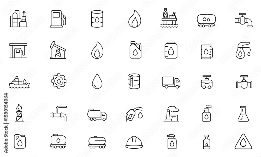 Oil & Gas line icon set, editable stroke vector, refinery, fuel pump, oil barrel, offshore rig, pipeline, station, drilling well, energy, lubricant, oil storage, tanker, petroleum industry Oil & Gas line icon set, editable stroke vector, refinery, fuel pump, oil barrel, offshore rig, pipeline, station, drilling well, energy, lubricant, oil storage, tanker, petroleum industry