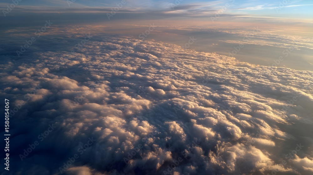 Naklejka premium Aerial view of fluffy clouds during sunset, showcasing vibrant colors and serene atmosphere