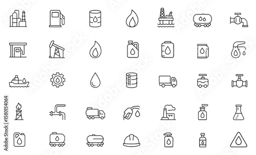 Oil & Gas line icon set, editable stroke vector, refinery, fuel pump, oil barrel, offshore rig, pipeline, station, drilling well, energy, lubricant, oil storage, tanker, petroleum industry
