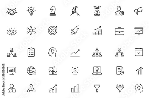 Business Vector Icon Set Illustration: Partnership, Innovation, Strategy, Leadership, Investment, Growth, Management, Marketing, Vision, Network, Performance, Corporate Growth Insights