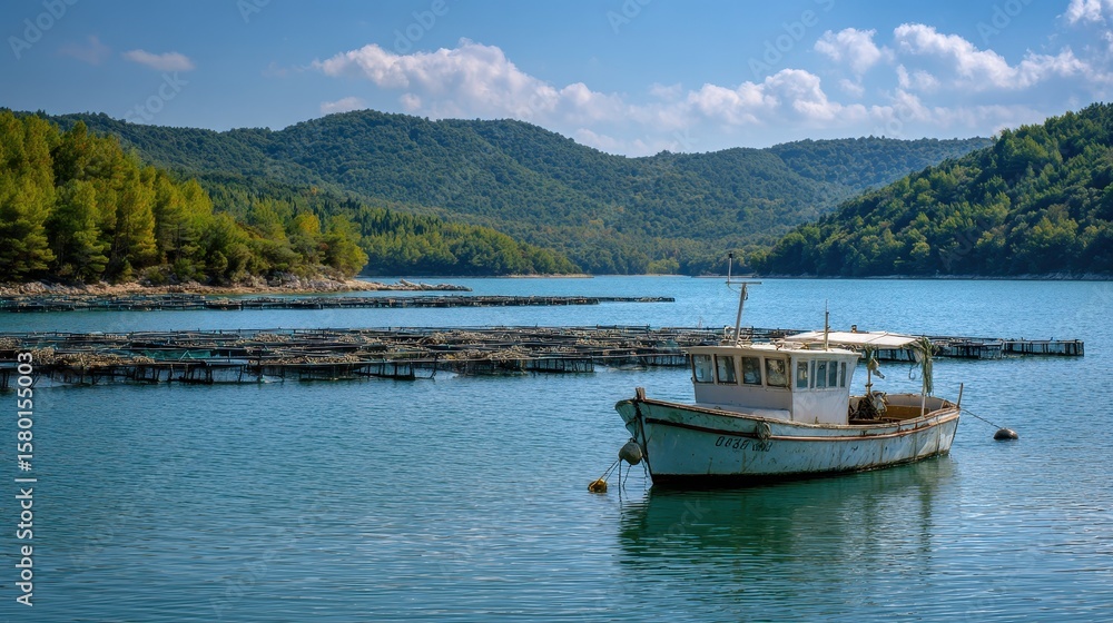Oyster Boat in Bay of Lim, Istria, Croatia. Fishing Boat for Catching and Growing Oysters in Salty Lake Oyster Boat in Bay of Lim, Istria, Croatia. Fishing Boat for Catching and Growing Oysters in Salty Lake