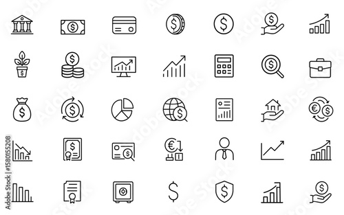 Finance money icon set, banking payment, business investment, saving cash, currency exchange, profit, stock market, asset management, budget analysis, wealth, editable vector illustration