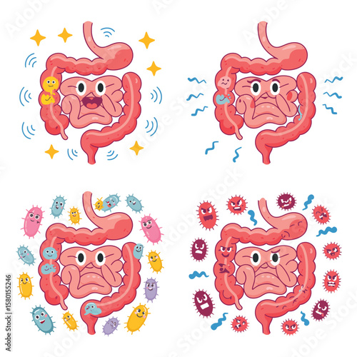 Happy and unhappy intestines with good and bad bacteria illustration