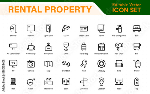 Hotel icons set. Rental property  icons. Set of apartment reservation, hotel booking, five-star hotel, service line vector web icon.Hotel universal set with Building, Parking,  Meal, Air conditioner.