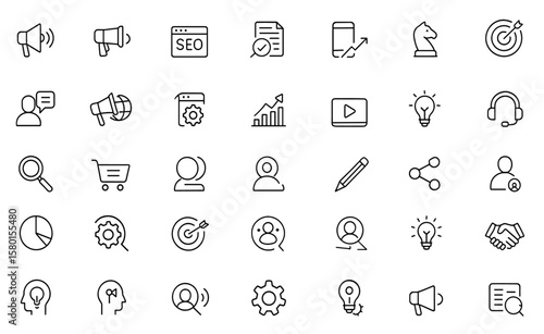 Digital marketing icon set, vector illustration of advertising, website, SEO, social media, content, mail, strategy, target, feedback, online promotion, optimization, communication