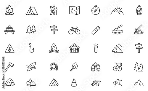 Camping icon set, vector illustration in modern style. Contains campfire, tent, hiking, backpack, map, compass, nature, adventure, lantern, picnic, forest, travel, tourism, national park, vacation