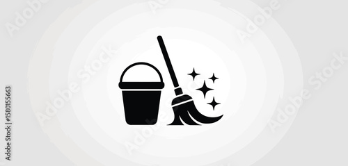 Simple black icon of a bucket and broom with sparkling stars indicating cleanliness