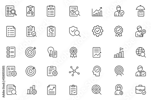 Assessment outline icon set. Editable stroke vector illustration. Contains audit, plan, evaluation, analysis, result, inspecting, inspection, efficiency, business, finance, management