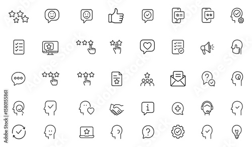 Feedback outline icon set. Contains editable vector symbols of feedback, rating, review, testimonial, support, survey, evaluation, client satisfaction, communication, marketing