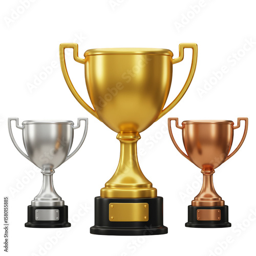 3D Rendering Golden Silver Bronze Trophies Award Winner Transparent