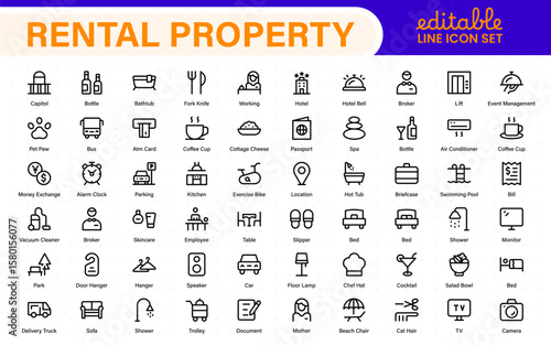 Hotel icons set. Rental property  icons. Set of apartment reservation, hotel booking, five-star hotel, service line vector web icon.Hotel universal set with Building, Parking,  Meal, Air conditioner.