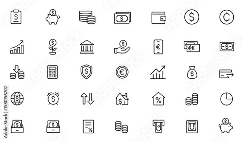 Money icon vector set. Includes budget, savings, income, loan, cash, wallet, coin, currency, dollar, card, profit, revenue, finance, banking, payment, business, investment, credit