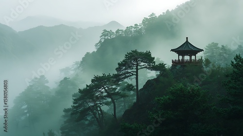 A serene mountain landscape shows a traditional pavilion surrounded by pine trees and soft mist. The atmosphere is tranquil, evoking Eastern philosophy and architectural beauty