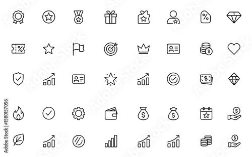 Editable Outline Bonus Icon Set – Reward Badge, Award Star, Benefit Trophy & Loyalty Incentive Vector Illustration with Stroke Editability, Premium Achievement Design Elements, loyalty icons