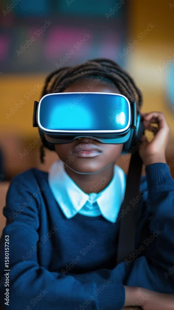 A young girl engages with virtual reality technology. A young girl engages with virtual reality technology.