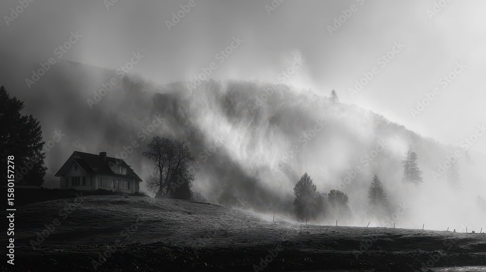 Fototapeta premium Smoke Foreground. Mystical Landscape with Trees and House under Mist