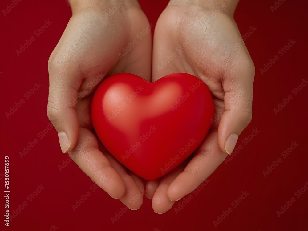 Hands Holding Red Heart, Studio Setting, Emotional Focus, Symbol of Love Hands Holding Red Heart, Studio Setting, Emotional Focus, Symbol of Love