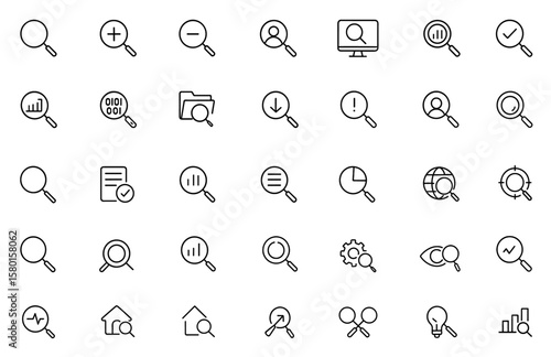 Editable outline search icon set for inspector monitoring and analysis – vector illustration with magnifying glass, zoom tool, research discovery, quality tracking, data inspection, audit