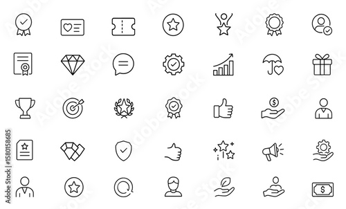 Benefit line icon set with reward, loyalty, bonus, star, winner, award, employee, and more. Editable stroke vector illustration featuring quality badge, coupon, success, incentive, gift, trophy