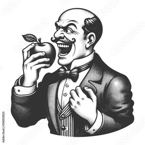 joyful Victorian gentleman with a curled mustache, grinning widely while preparing to bite a large apple sketch engraving generative ai fictional character vector. Scratch board. Black and white.