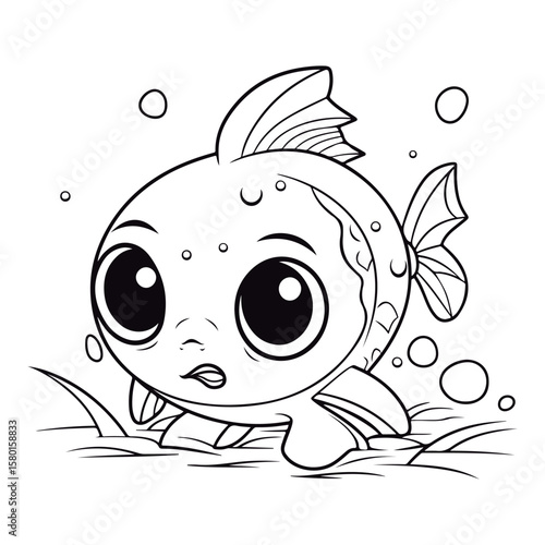 Coloring book for children baby Salmon kawai Black and white vector illustration.