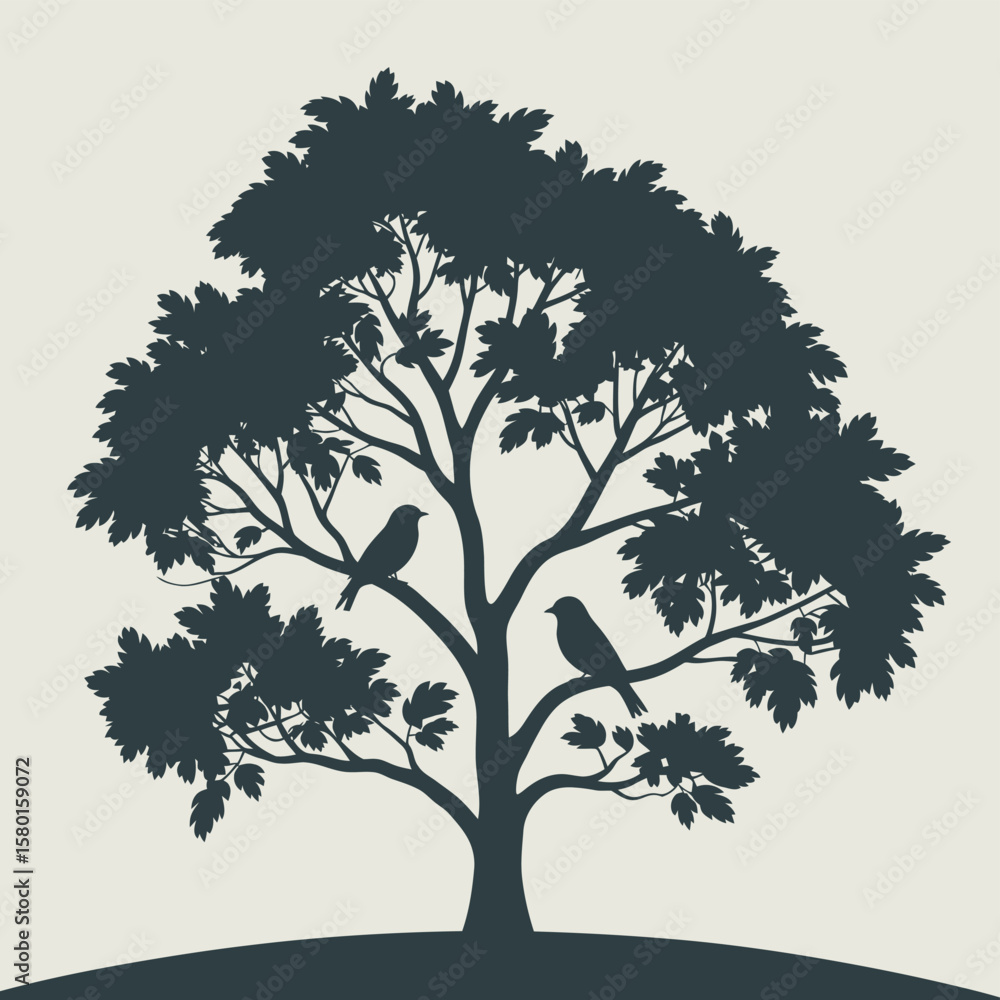 Fototapeta premium Silhouette of a large tree with two birds perched on its branches