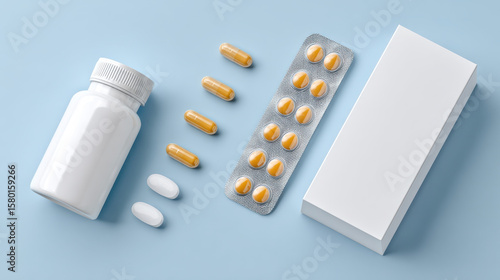 Medicine bottle with yellow capsules and white pills on blue background with box