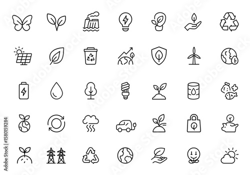 Ecology icon set with biodiversity, nature, pollution, hydro power, energy, environment, renewable resources, climate conservation, and sustainable green earth vector illustration