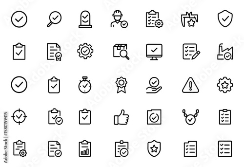 Quality control icon set with editable stroke. Includes quality check, inspection, testing, production evaluation, assurance, calibration, compliance, certification, verification, and more