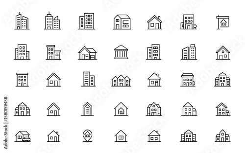 Urban building icon set with skyscraper, apartment, house, office, and real estate elements. Vector illustration featuring cityscape, architecture, condominium, modern tower