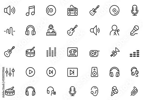 Music icon set with sound, musical note, vinyl record, radio, piano, speaker, disc, microphone, earphones, DJ, guitar, trumpet, singing, volume, audio, instrument, vector illustration