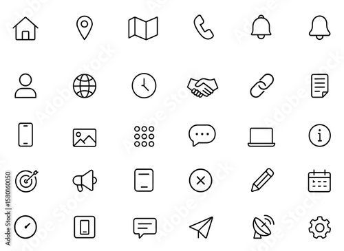 Contact us icon set with home, location, map, call, email, message, subscribe, bullhorn, partnership, time, links, and more. Vector illustration communication support service, help, client, online