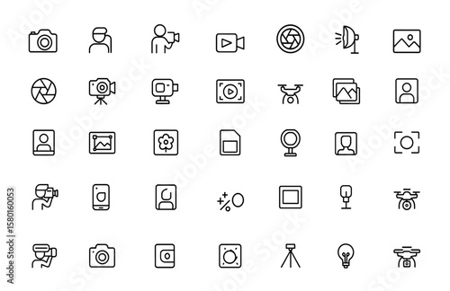 Photography icon set with camera, photographer, video, photo and more. Vector illustration including picture, image, media, studio, lens, film, digital, tripod, editing, capture