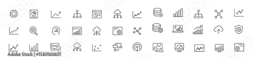 Data analytics icon set with database, statistics, server monitoring, network workflow, performance tracking, graph evaluation, business intelligence, cloud technology vector illustration.