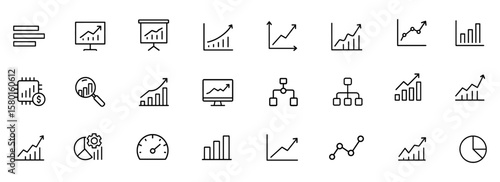 Graph and chart outline icon set for statistics, survey, prediction, analysis, growth, finance, infographics, investment management, progress trends, editable stroke, vector illustration.