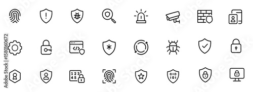 Security shield icon set, data protection, encryption, password lock, cybersecurity network, firewall defense, access control, biometric fingerprint, threat detection, vector illustration.