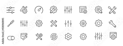 Settings control icon set, editable stroke vector illustration of gear, preferences, configuration, adjustments, equalizer, system setup, optimization, cogwheel, wrench, UI customization
