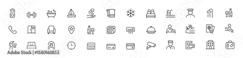 Editable stroke vector illustration icon set for hotel business: room service, reception, resort vacation, travel, amenities, luggage, pool, restaurant, security, concierge, accommodation