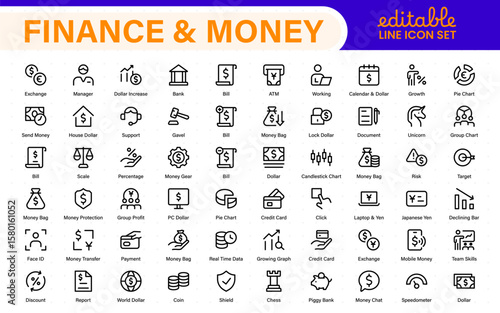 Finance and money line icons collection. Big UI icon set in a flat design. Thin outline icons pack.