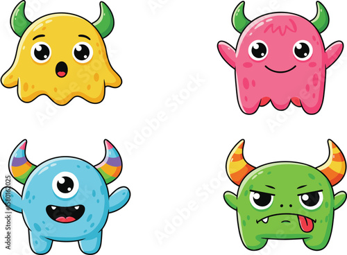 Set of cute cartoon monsters with colorful horns, funny expressions, isolated vector characters, children design, fantasy creature, playful illustration art